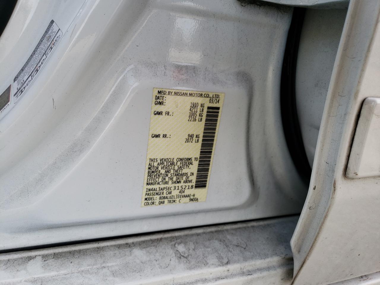 Photo 10 from auction – 2014 NISSAN ALTIMA 2.5 with VIN 1N4AL3AP5EC315218