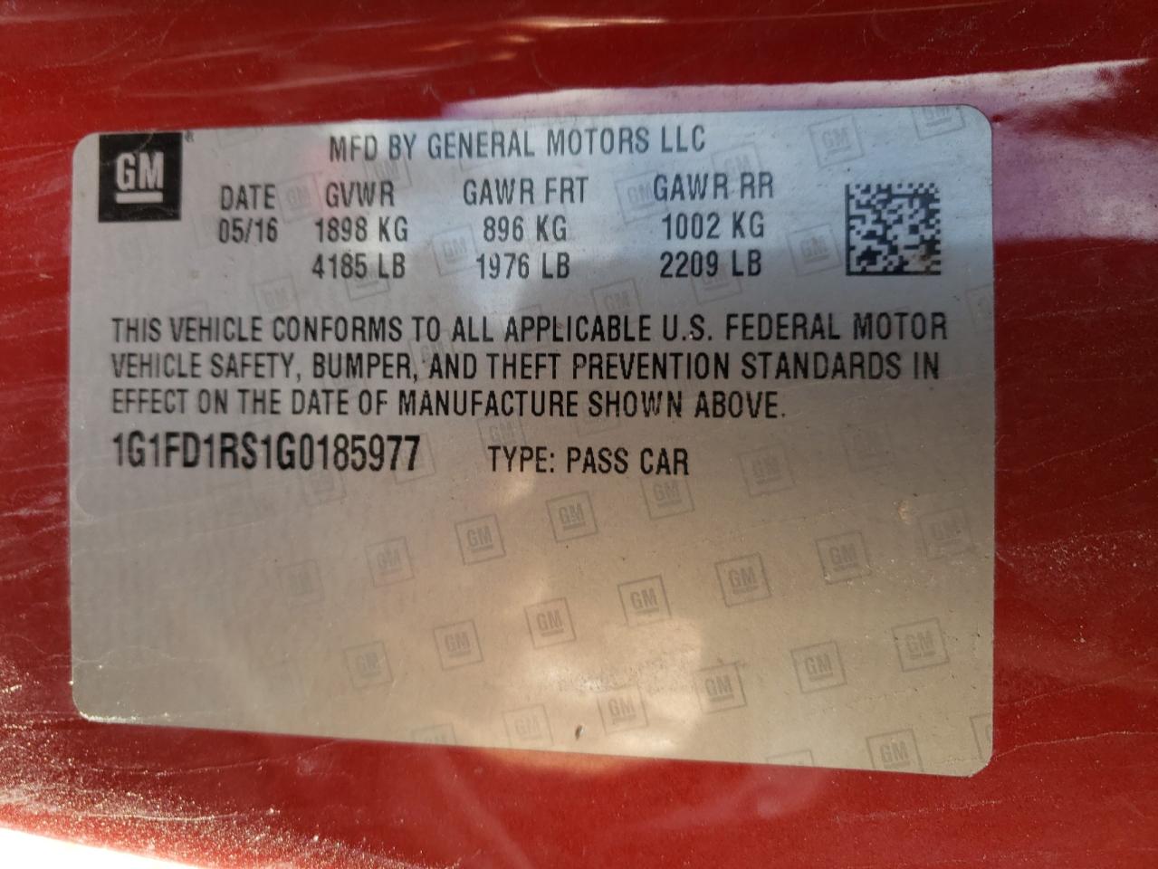Photo 10 from auction – 2016 CHEVROLET CAMARO with VIN 1G1FD1RS1G0185977