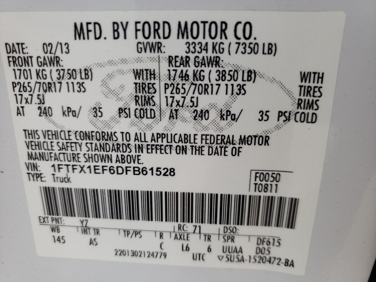 Photo 10 from auction – 2013 FORD F150 SUPER with VIN 1FTFX1EF6DFB61528