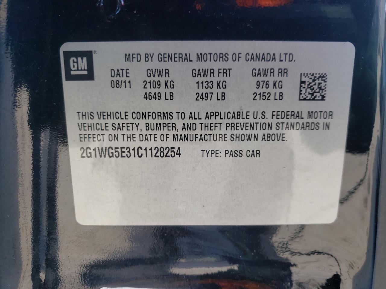 Photo 10 from auction – 2012 CHEVROLET IMPALA LT with VIN 2G1WG5E31C1128254