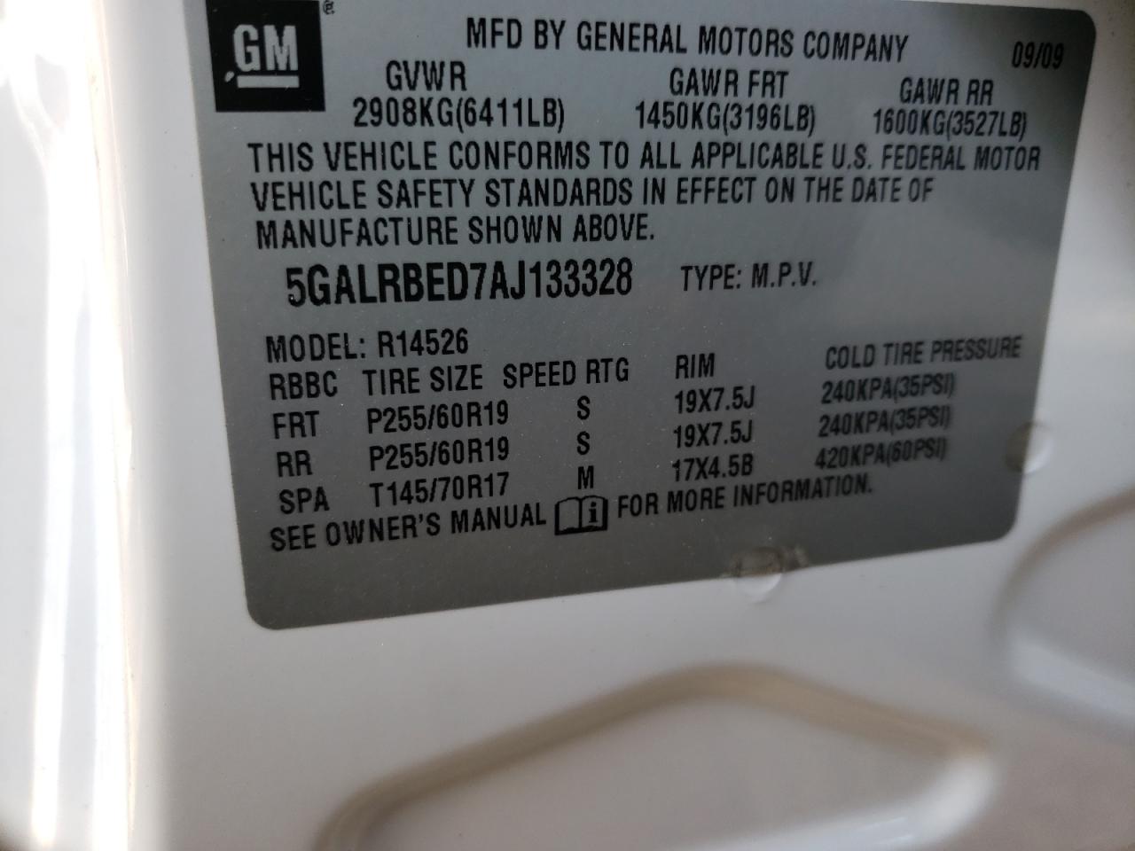 Photo 10 from auction – 2010 BUICK ENCLAVE CX with VIN 5GALRBED7AJ133328