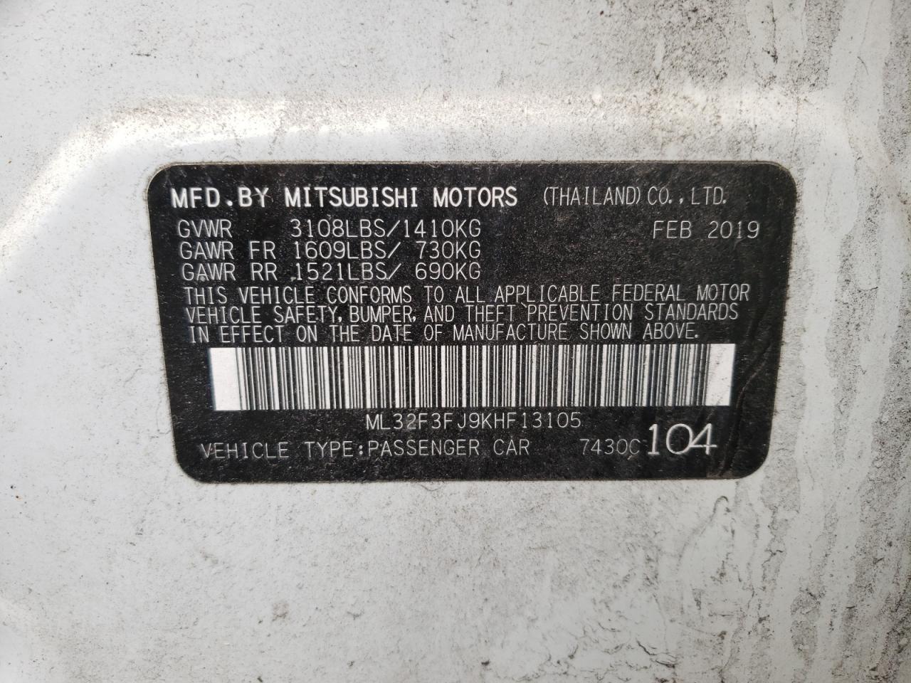 Photo 10 from auction – 2019 MITSUBISHI MIRAGE G4 with VIN ML32F3FJ9KHF13105