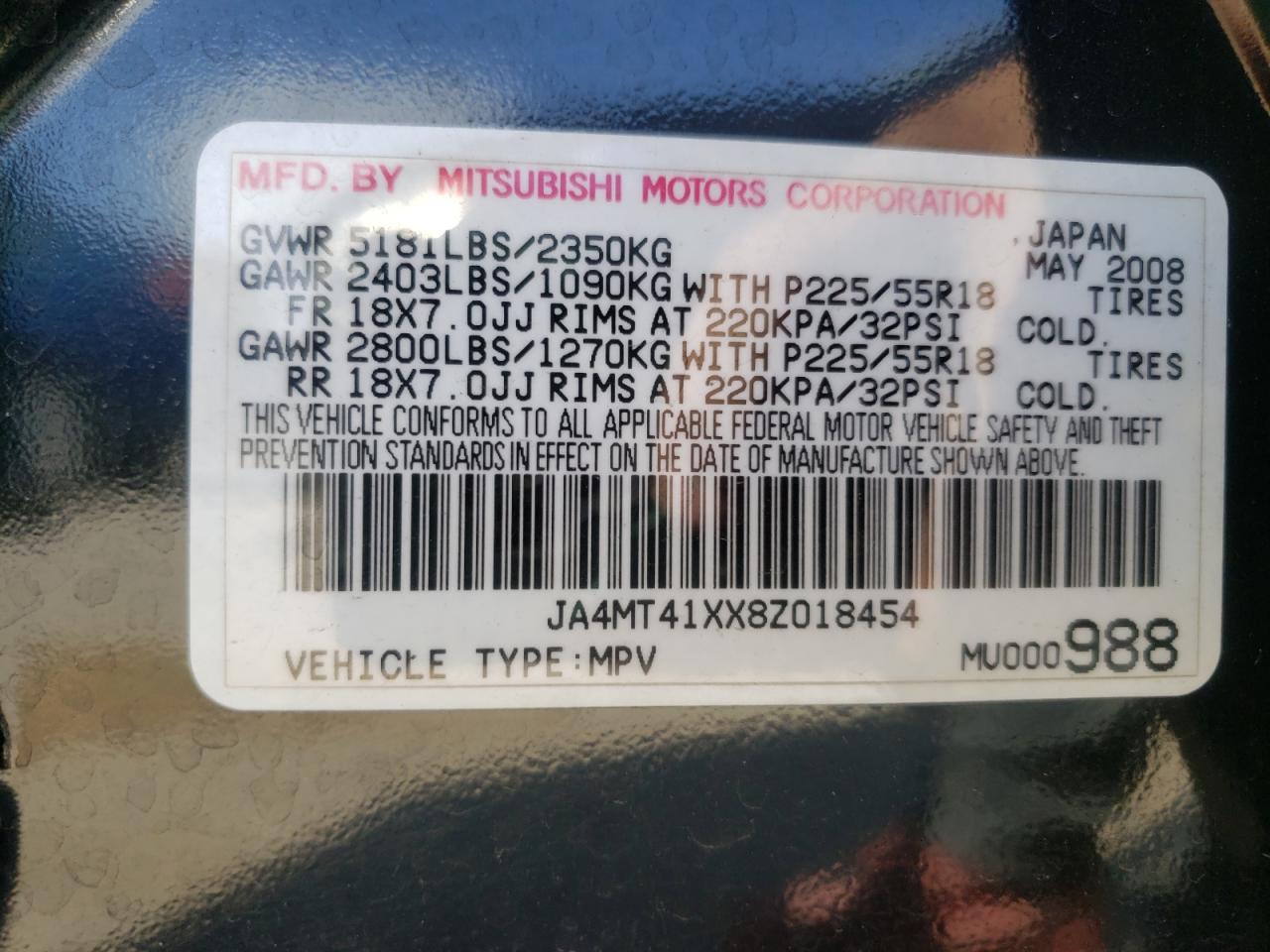 Photo 10 from auction – 2008 MITSUBISHI OUTLANDER with VIN JA4MT41XX8Z018454