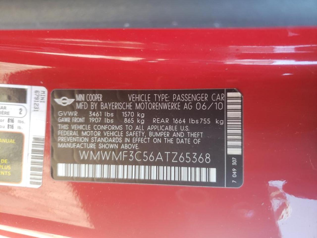 Photo 10 from auction – 2010 MINI COOPER with VIN WMWMF3C56ATZ65368