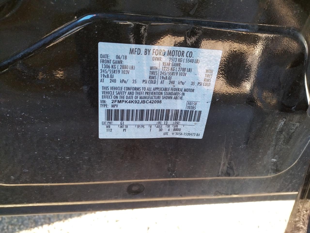 Photo 10 from auction – 2018 FORD EDGE TITAN with VIN 2FMPK4K92JBC42098