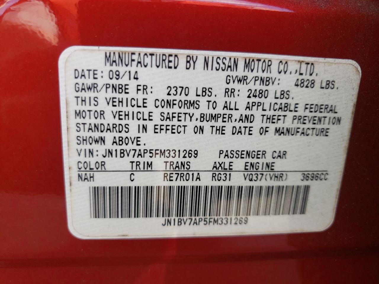 Photo 10 from auction – 2015 INFINITI Q50 BASE with VIN JN1BV7AP5FM331269