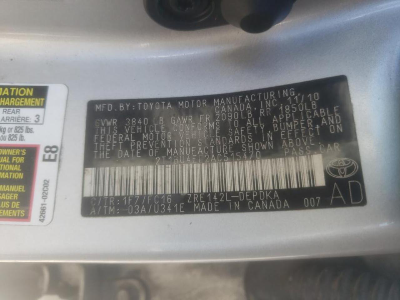 Photo 10 from auction – 2010 TOYOTA COROLLA BA with VIN 2T1BU4EE2AC515470