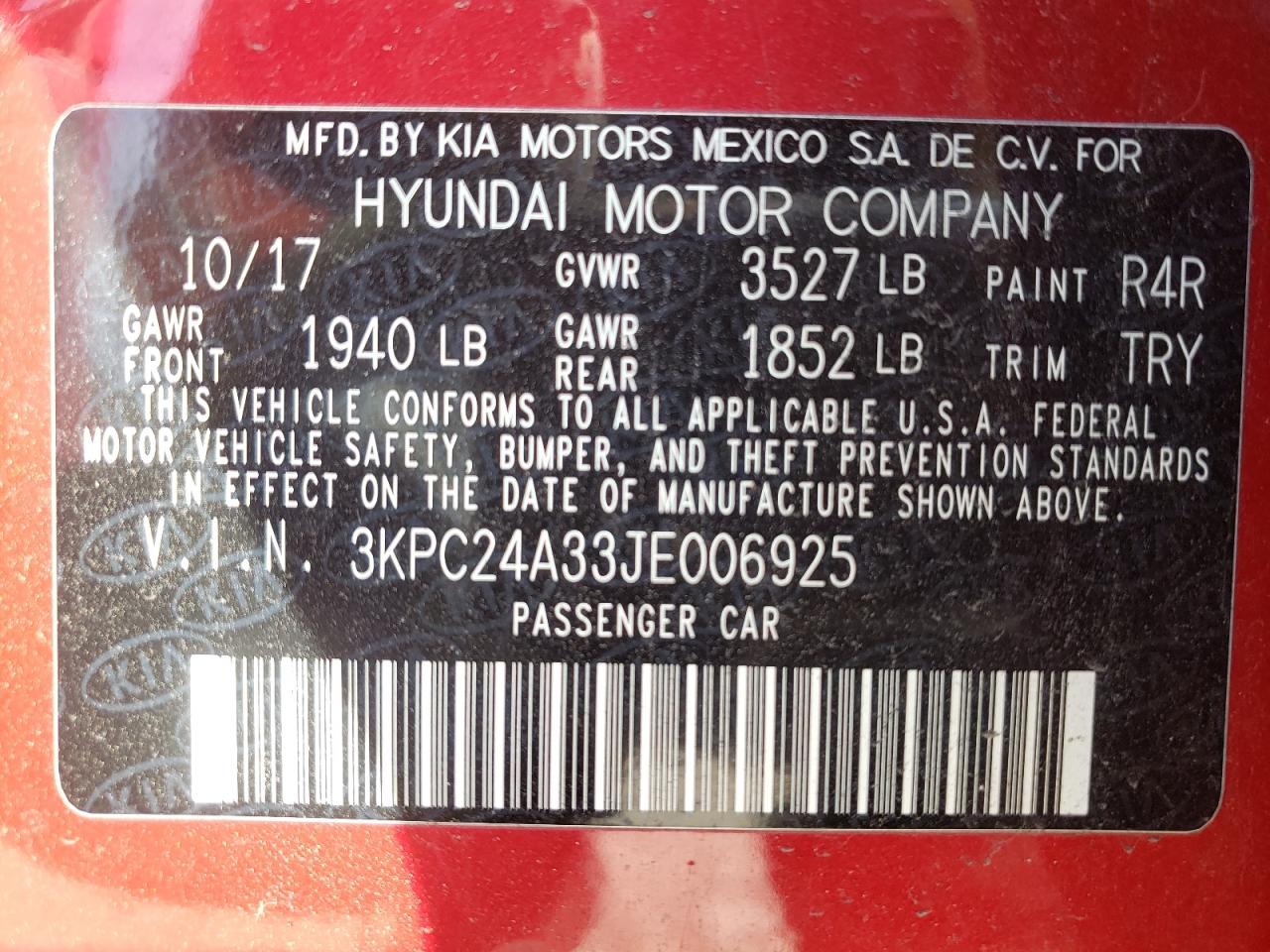 Photo 10 from auction – 2018 HYUNDAI ACCENT SE with VIN 3KPC24A33JE006925
