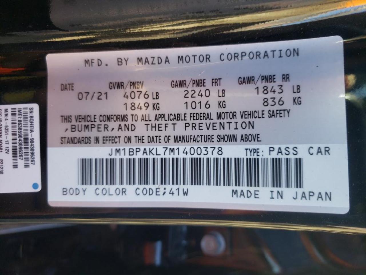 Photo 10 from auction – 2021 MAZDA 3 SELECT with VIN JM1BPAKL7M1400378