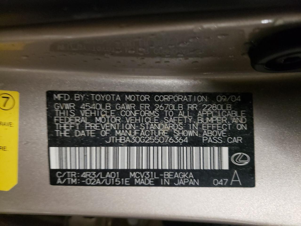 Photo 10 from auction – 2005 LEXUS ES 330 with VIN JTHBA30G255076364