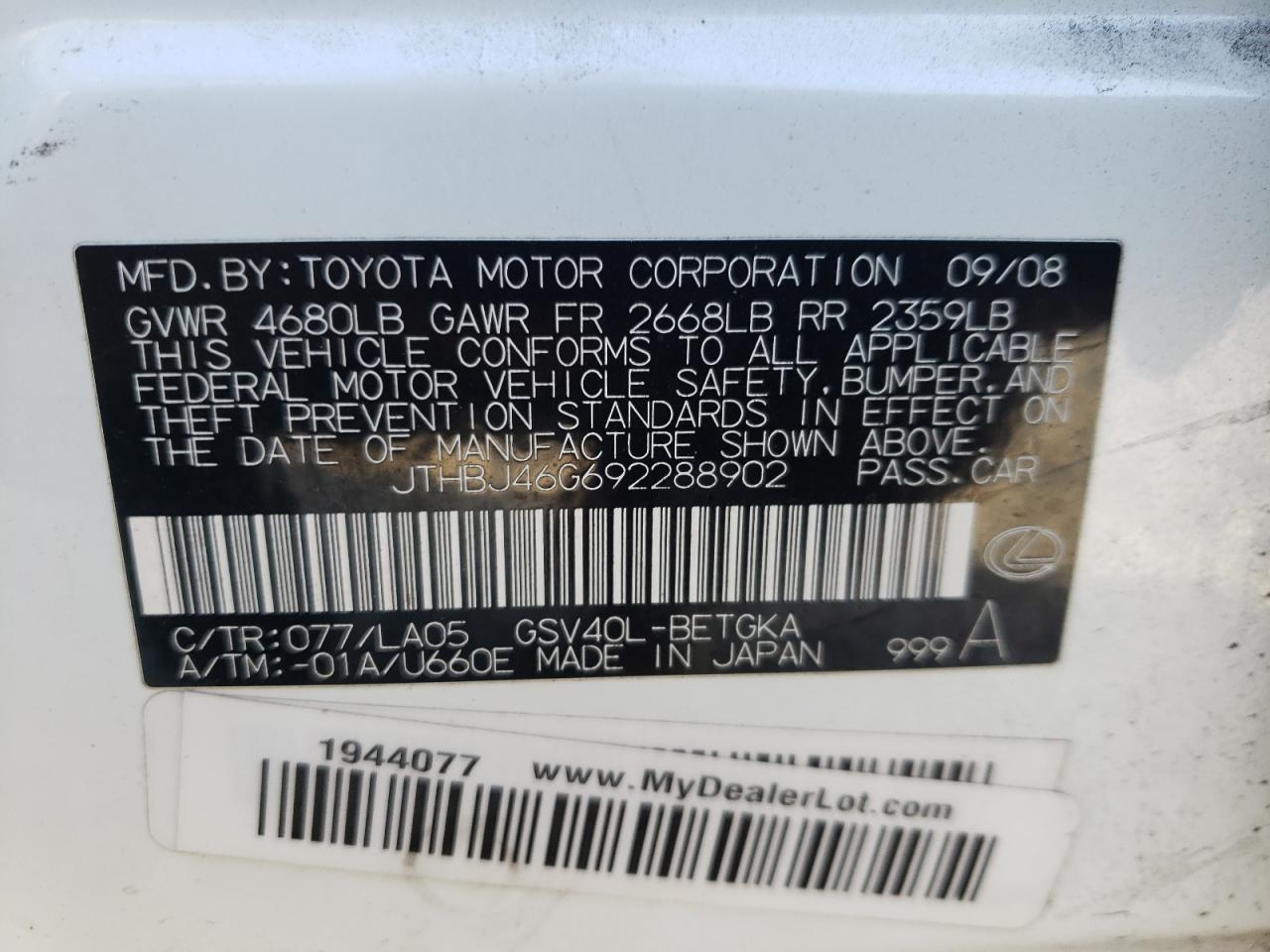 Photo 10 from auction – 2009 LEXUS ES 350 with VIN JTHBJ46G692288902