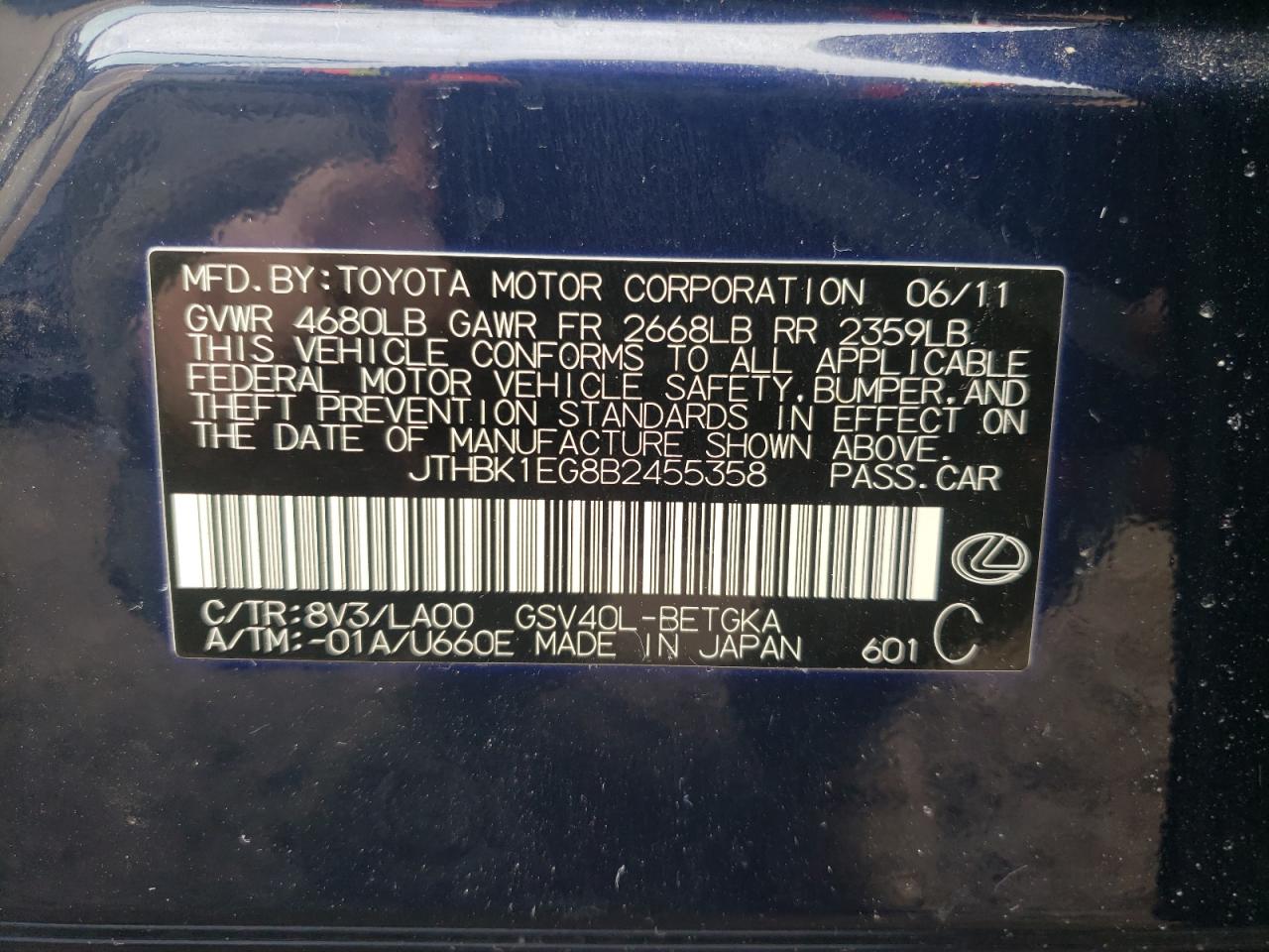 Photo 10 from auction – 2011 LEXUS ES 350 with VIN JTHBK1EG8B2455358