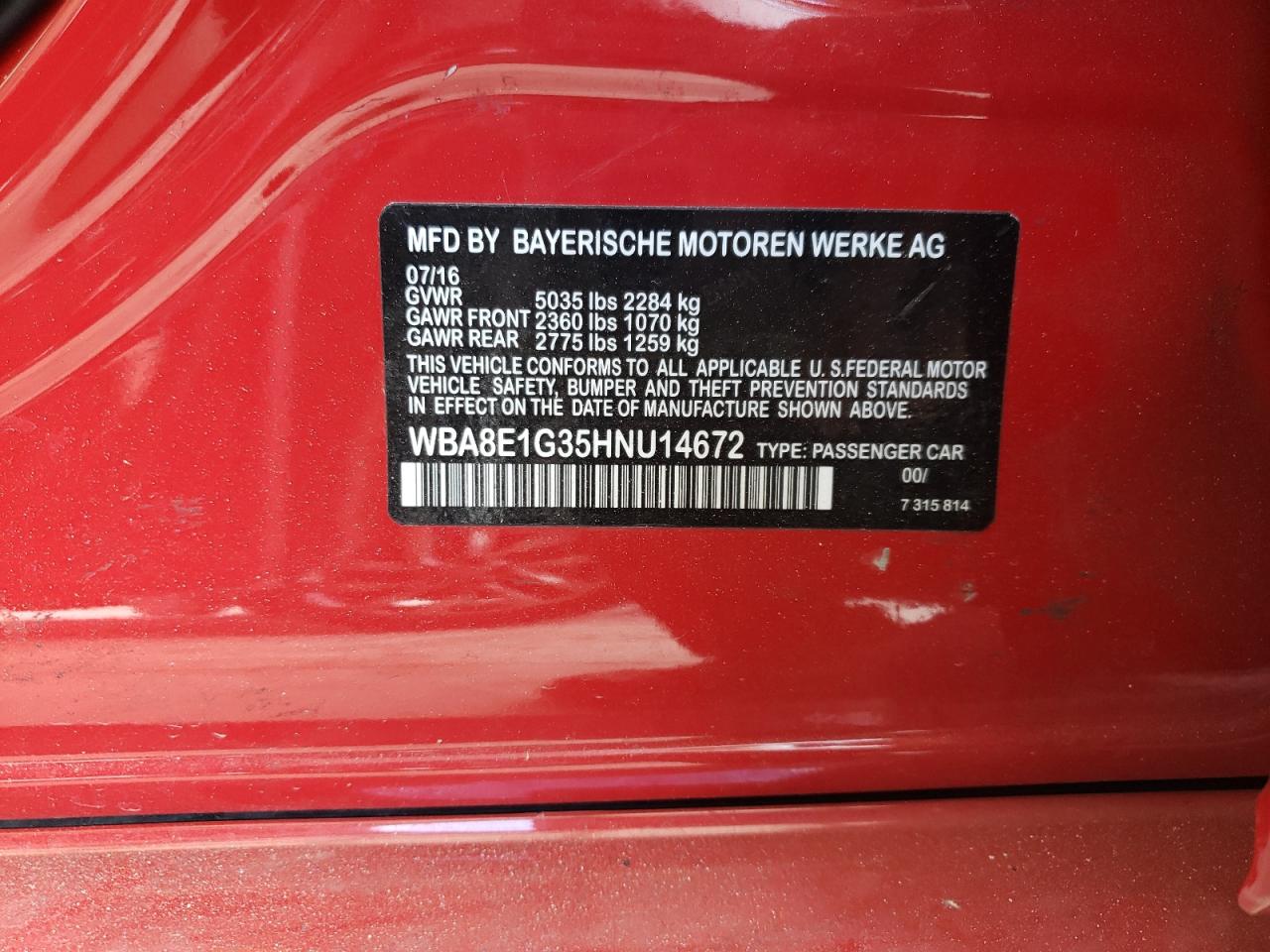 Photo 10 from auction – 2017 BMW 320 I with VIN WBA8E1G35HNU14672