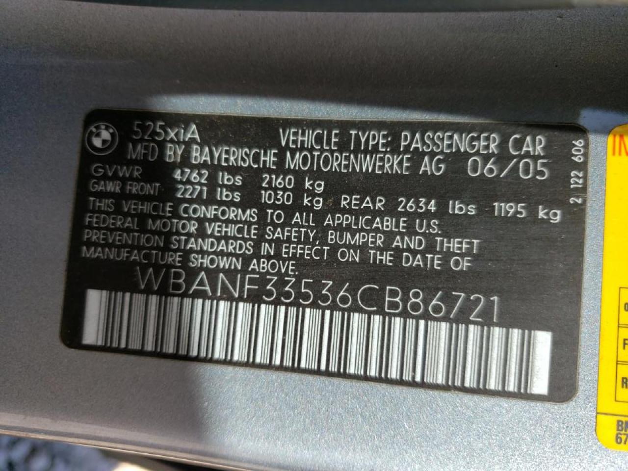 Photo 10 from auction – 2006 BMW 525 XI with VIN WBANF33536CB86721