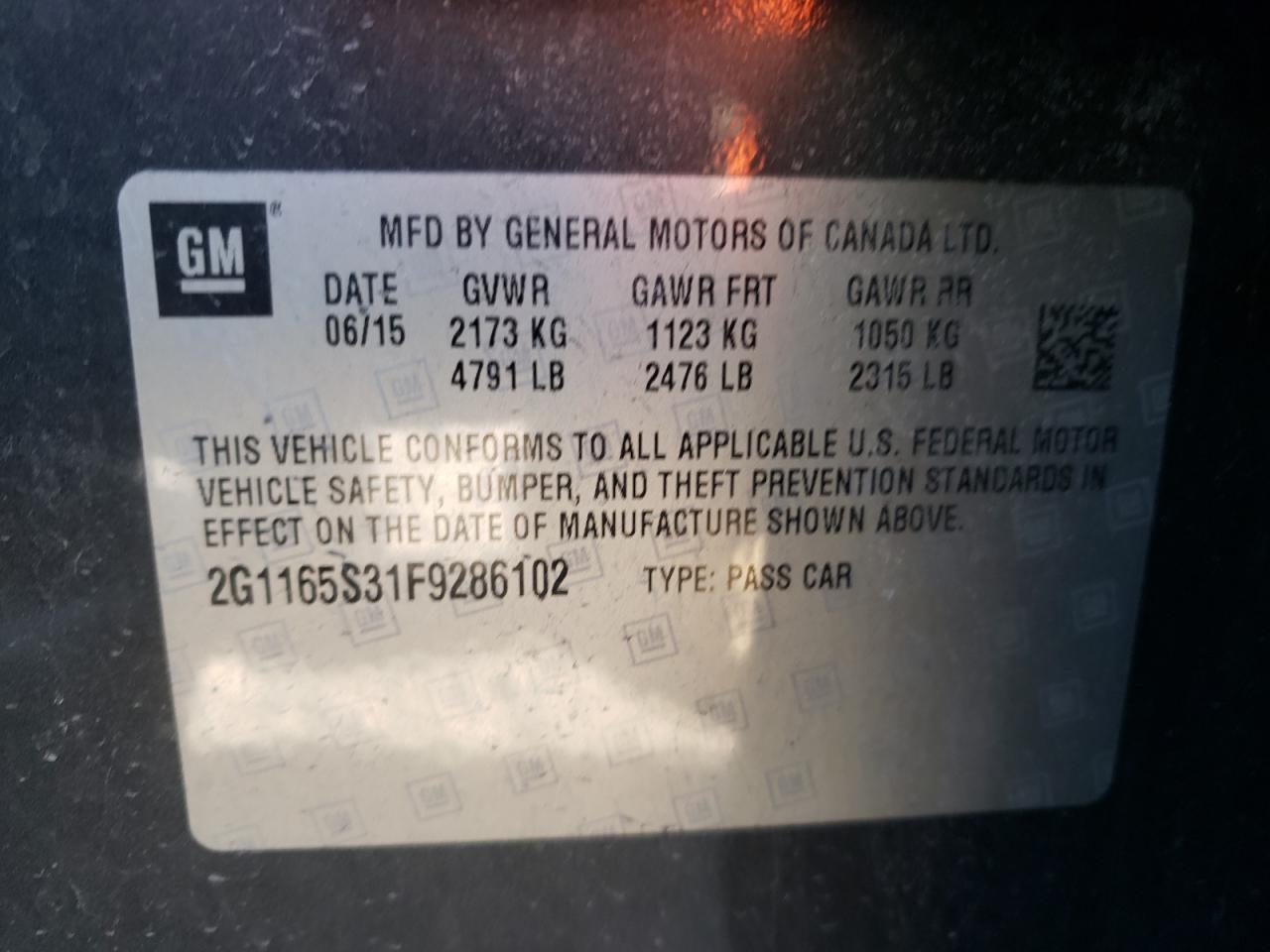 Photo 10 from auction – 2015 CHEVROLET IMPALA LTZ with VIN 2G1165S31F9286102