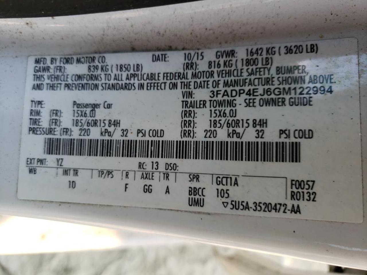 Photo 10 from auction – 2016 FORD FIESTA SE with VIN 3FADP4EJ6GM122994