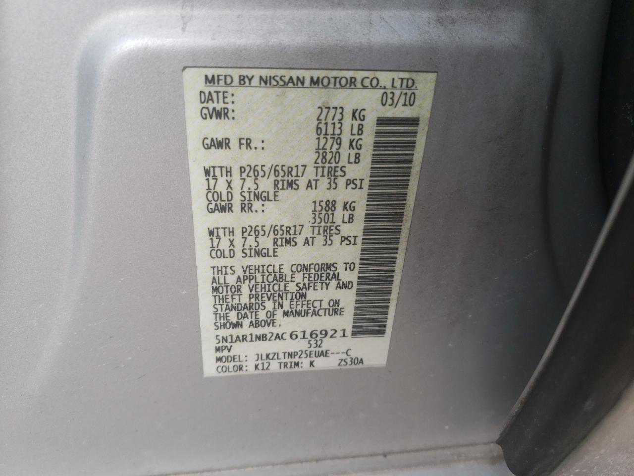 Photo 10 from auction – 2010 NISSAN PATHFINDER with VIN 5N1AR1NB2AC616921