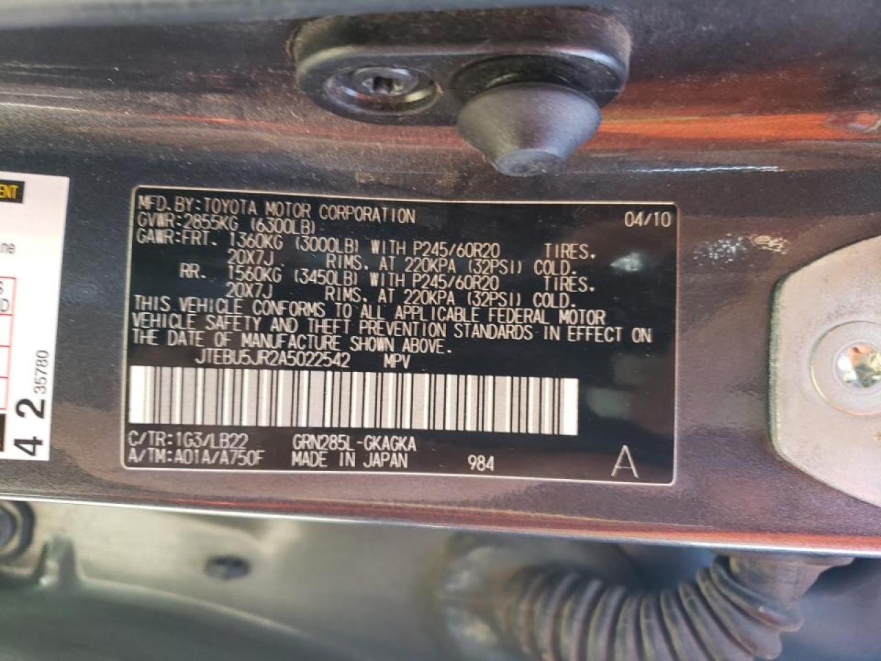 Photo 10 from auction – 2010 TOYOTA 4RUNNER SR with VIN JTEBU5JR2A5022542