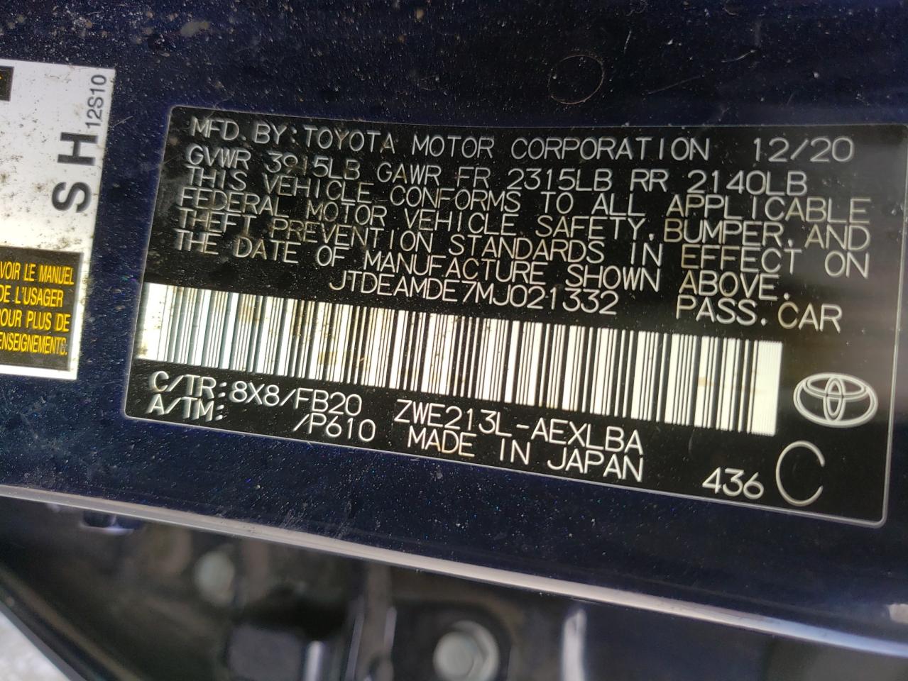 Photo 10 from auction – 2021 TOYOTA COROLLA LE with VIN JTDEAMDE7MJ021332