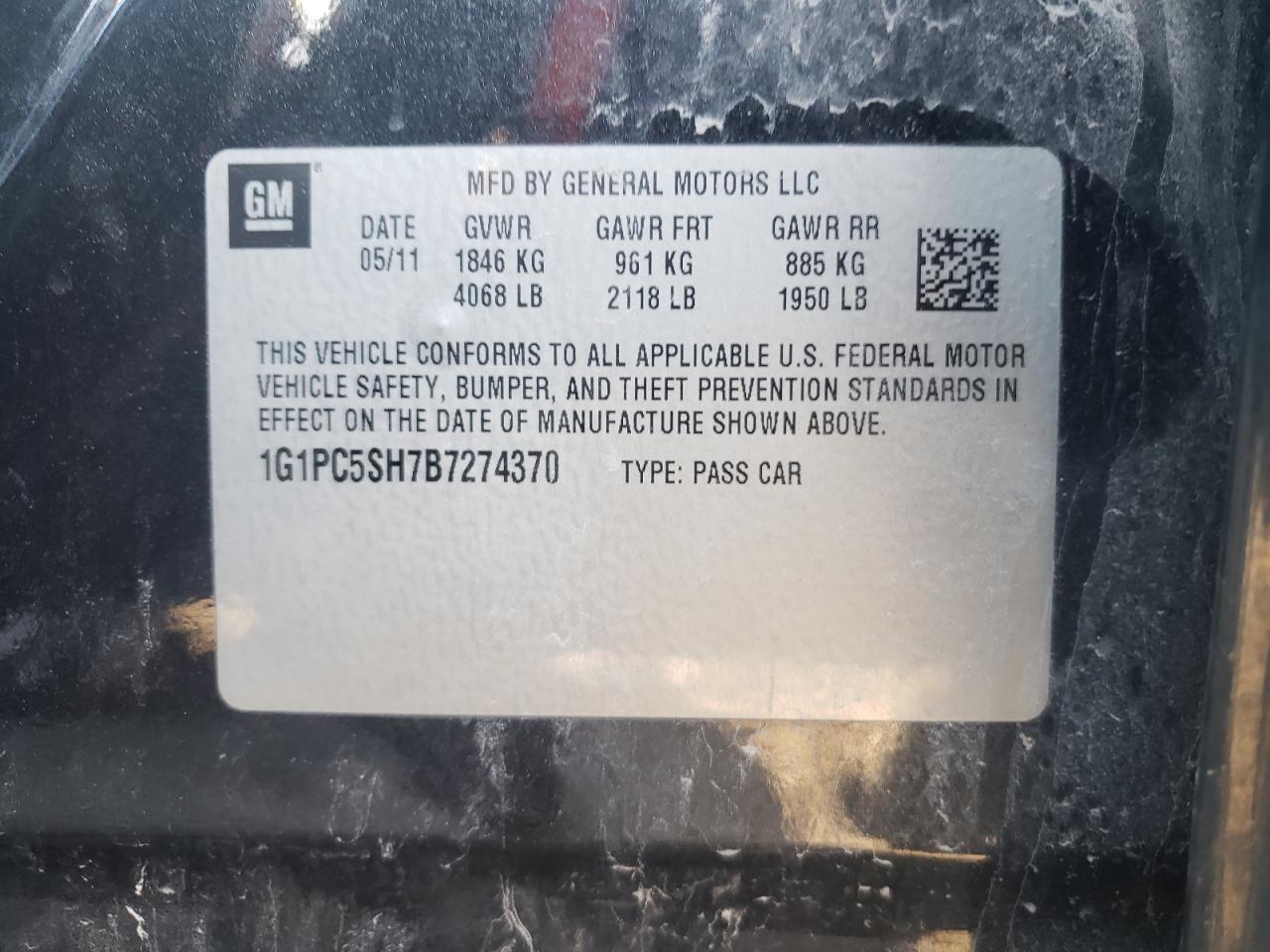 Photo 10 from auction – 2011 CHEVROLET CRUZE LS with VIN 1G1PC5SH7B7274370