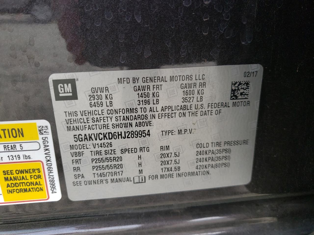 Photo 10 from auction – 2017 BUICK ENCLAVE with VIN 5GAKVCKD6HJ289954