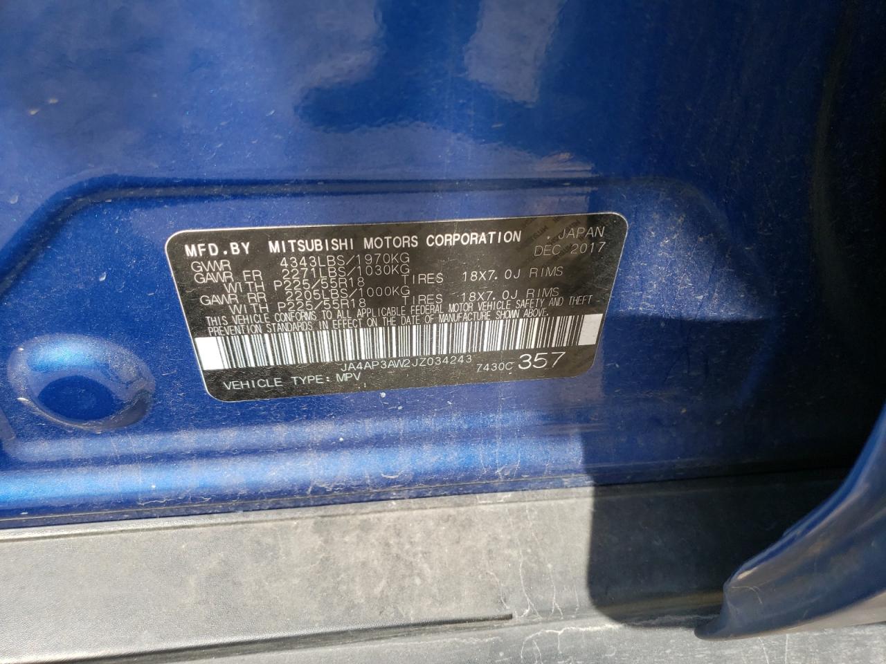 Photo 10 from auction – 2018 MITSUBISHI OUTLANDER with VIN JA4AP3AW2JZ034243