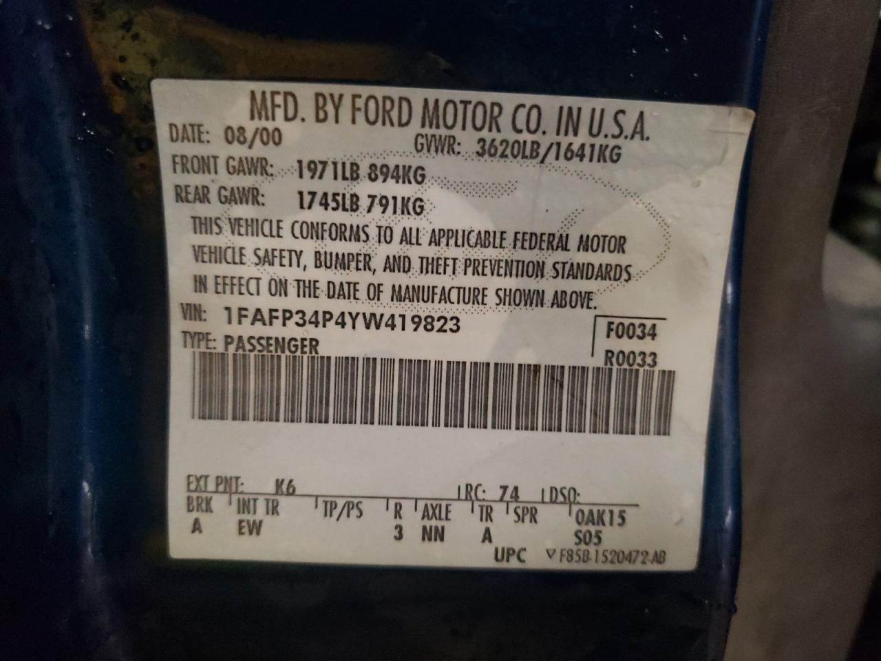 Photo 10 from auction – 2000 FORD FOCUS SE with VIN 1FAFP34P4YW419823