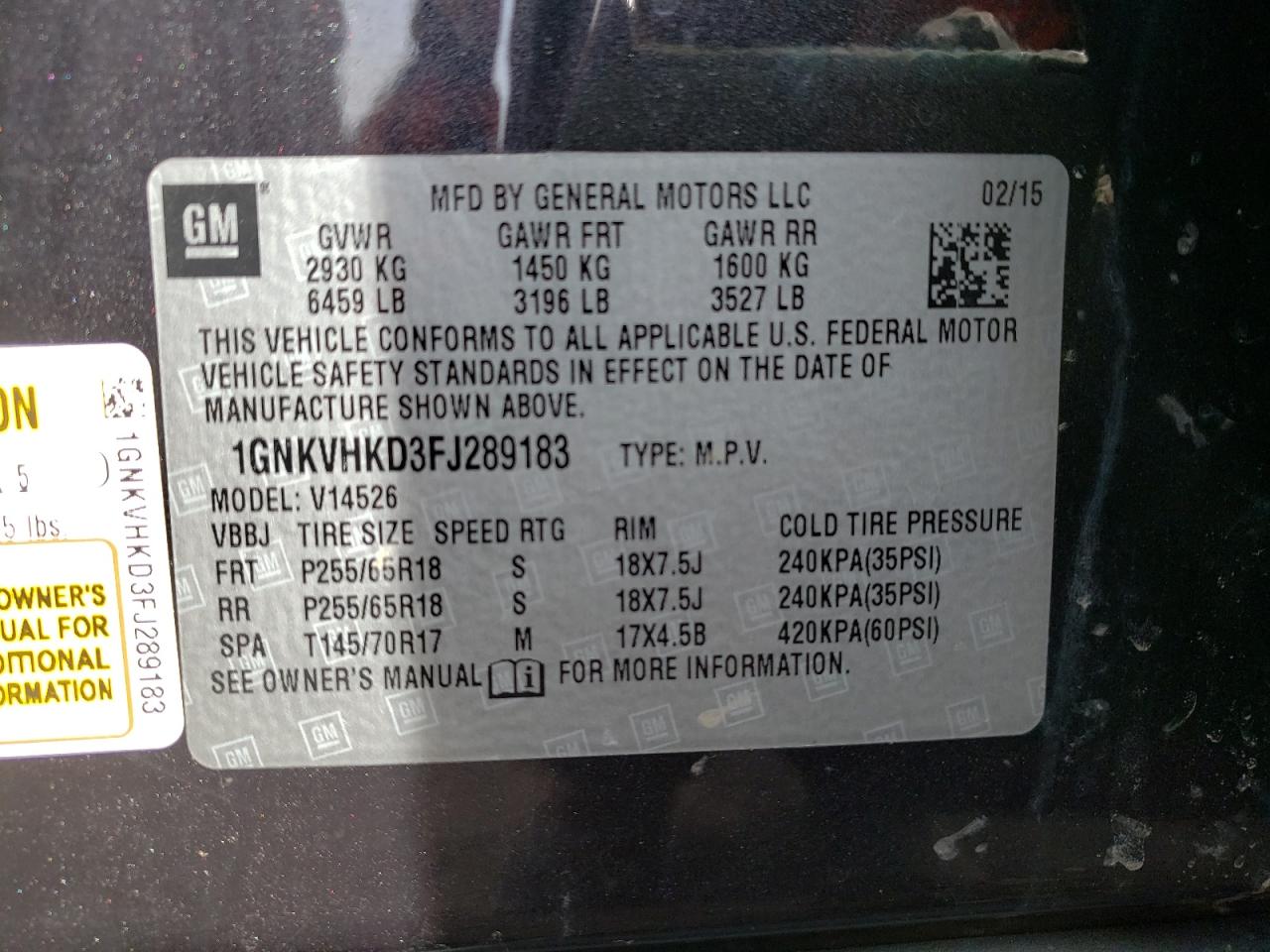 Photo 10 from auction – 2015 CHEVROLET TRAVERSE L with VIN 1GNKVHKD3FJ289183