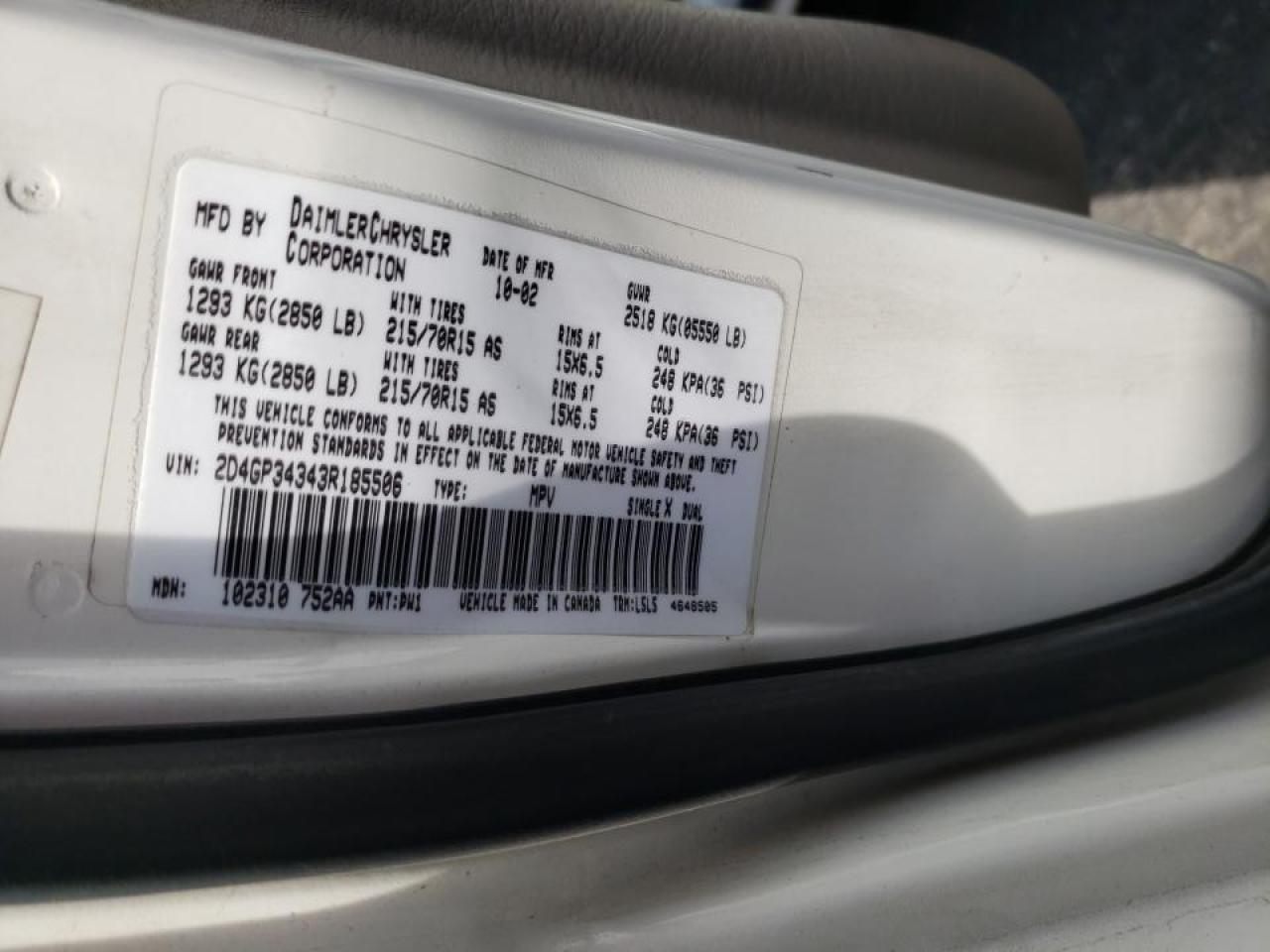 Photo 10 from auction – 2003 DODGE GRAND CARA with VIN 2D4GP34343R185506