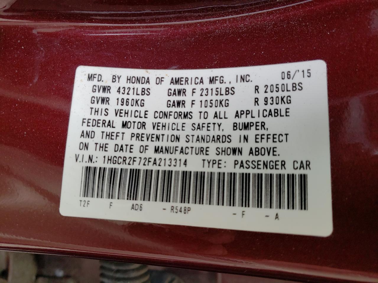 Photo 10 from auction – 2015 HONDA ACCORD EX with VIN 1HGCR2F72FA213314