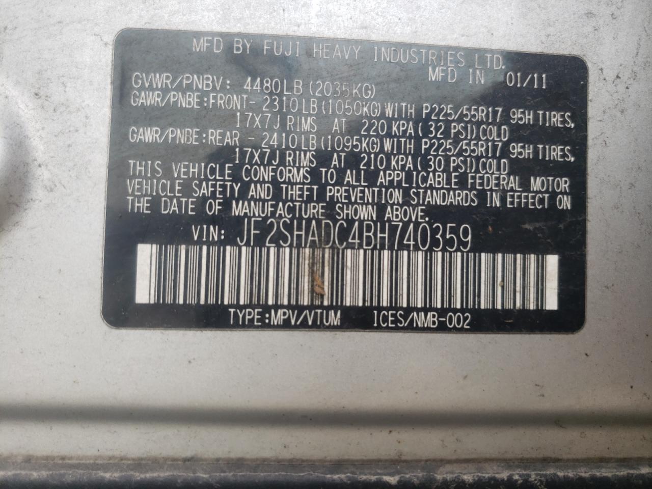 Photo 10 from auction – 2011 SUBARU FORESTER 2 with VIN JF2SHADC4BH740359