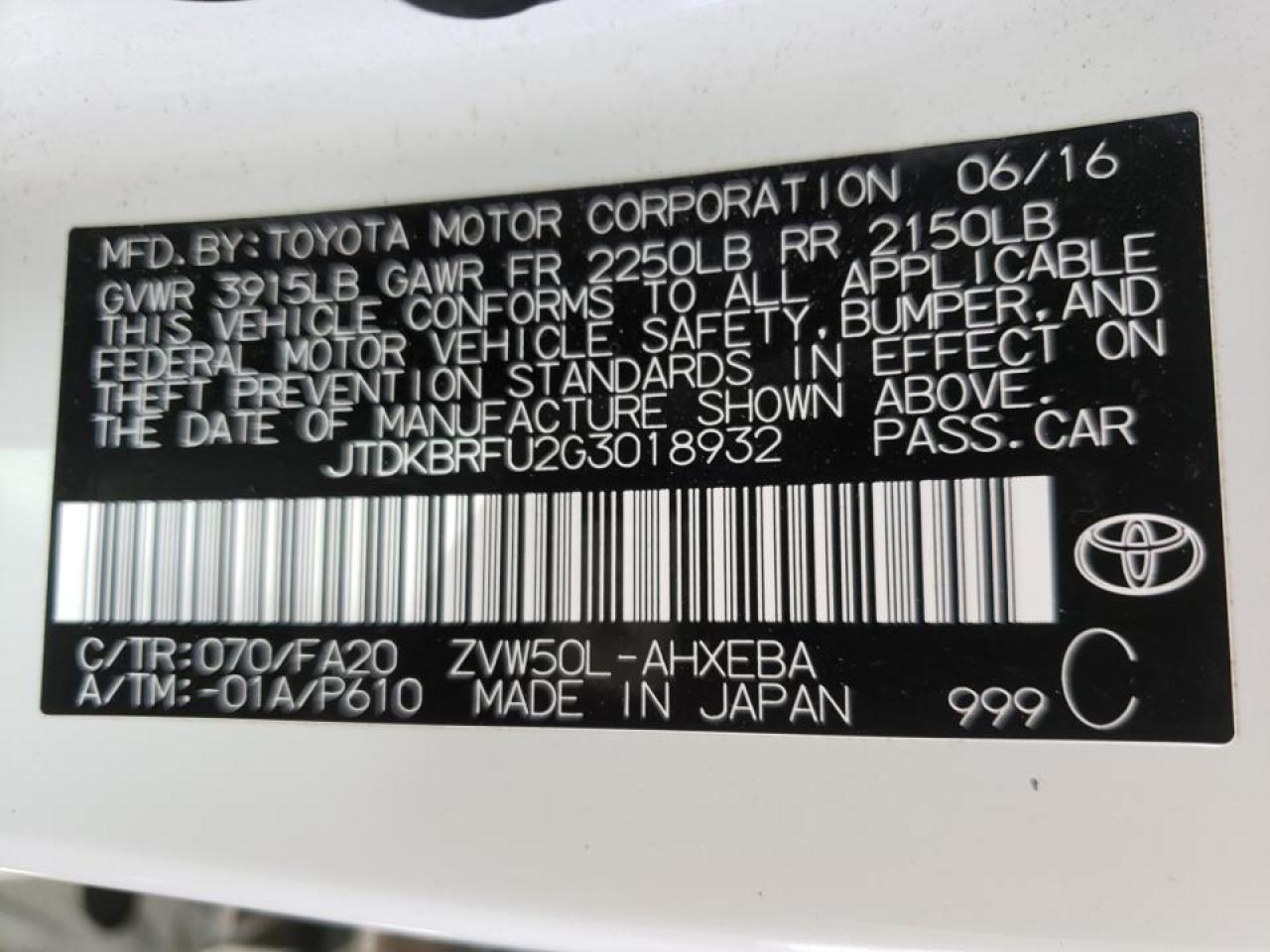 Photo 10 from auction – 2016 TOYOTA PRIUS with VIN JTDKBRFU2G3018932