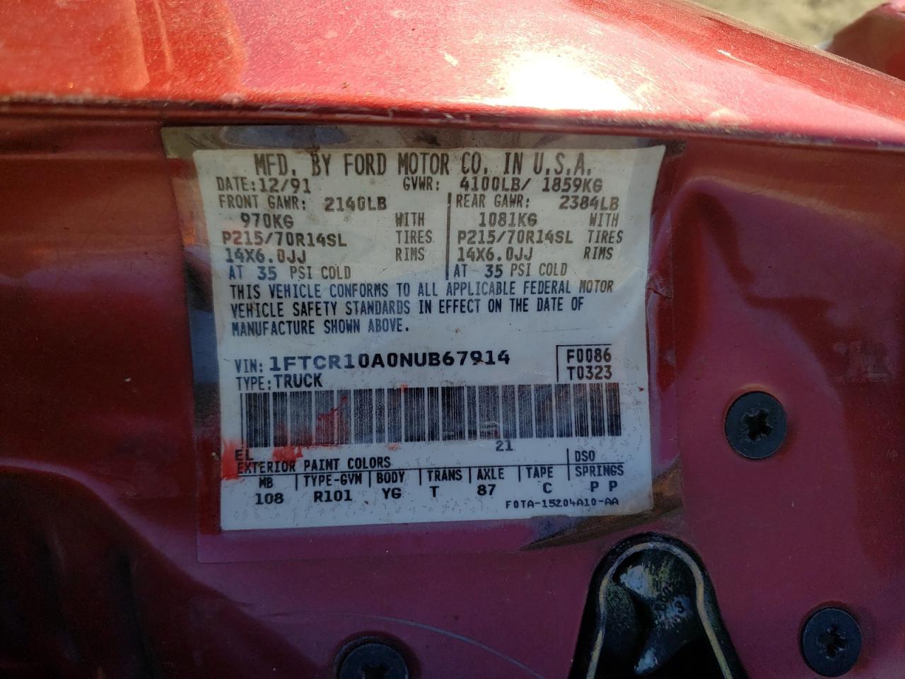 Photo 10 from auction – 1992 FORD RANGER with VIN 1FTCR10A0NUB67914