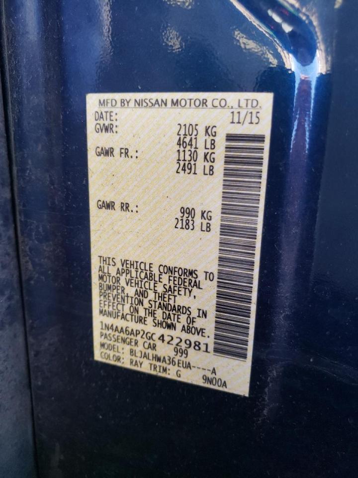 Photo 10 from auction – 2016 NISSAN MAXIMA 3.5 with VIN 1N4AA6AP2GC422981