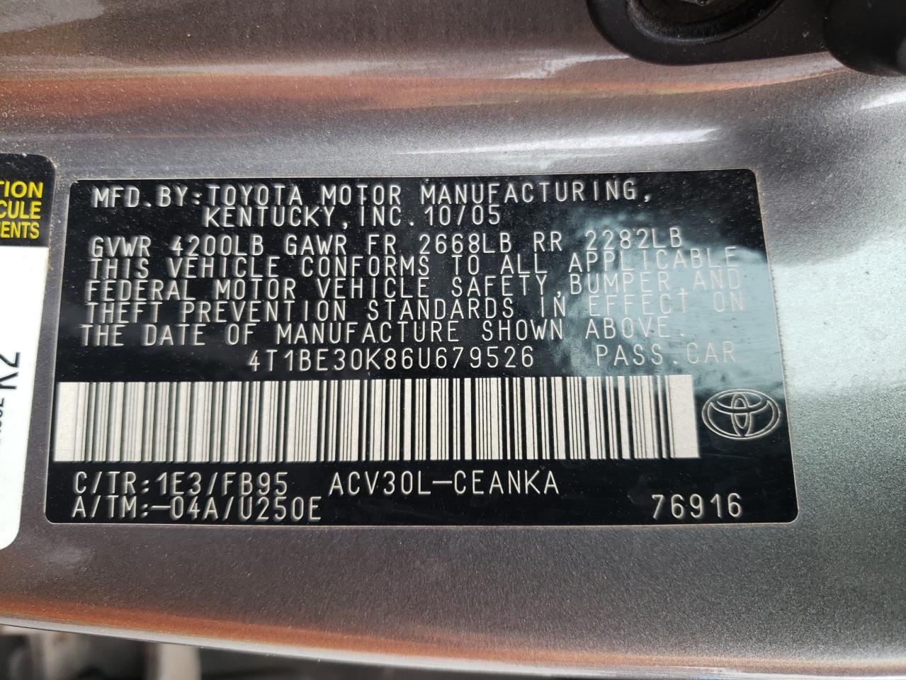 Photo 10 from auction – 2006 TOYOTA CAMRY LE with VIN 4T1BE30K86U679526