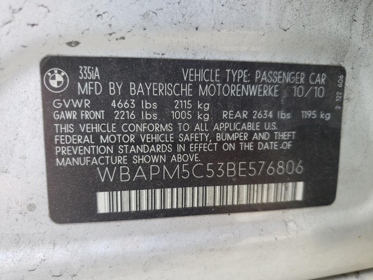 Photo 10 from auction – 2011 BMW 335 I with VIN WBAPM5C53BE576806