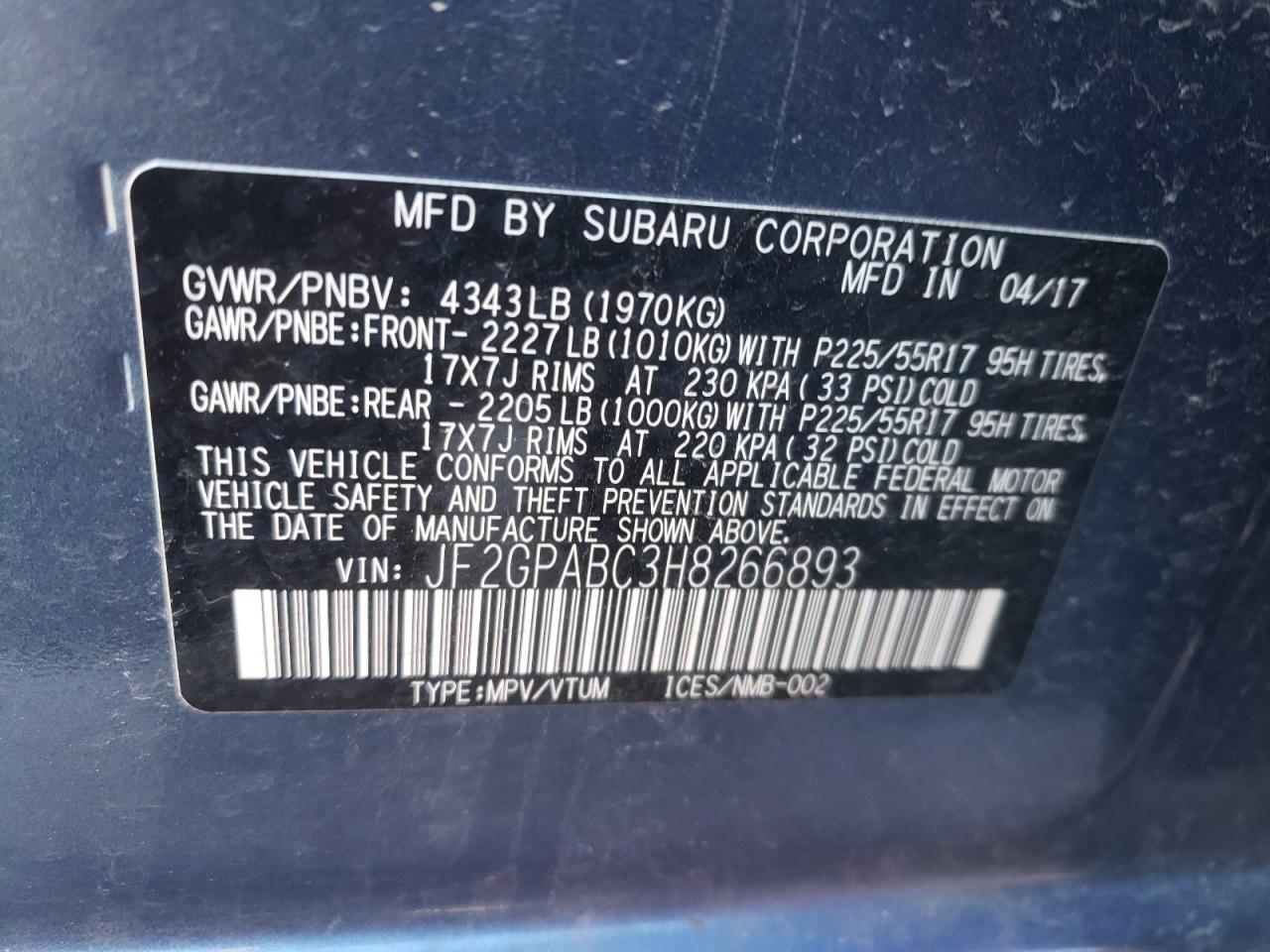 Photo 10 from auction – 2017 SUBARU CROSSTREK with VIN JF2GPABC3H8266893