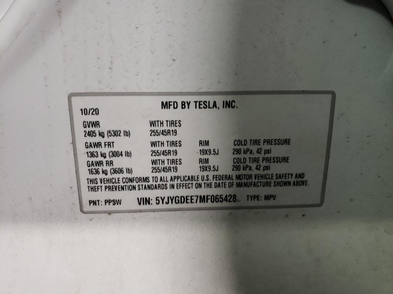 Foto 10 de la subasta – 2021 TESLA MODEL Y con VIN 5YJYGDEE7MF065428