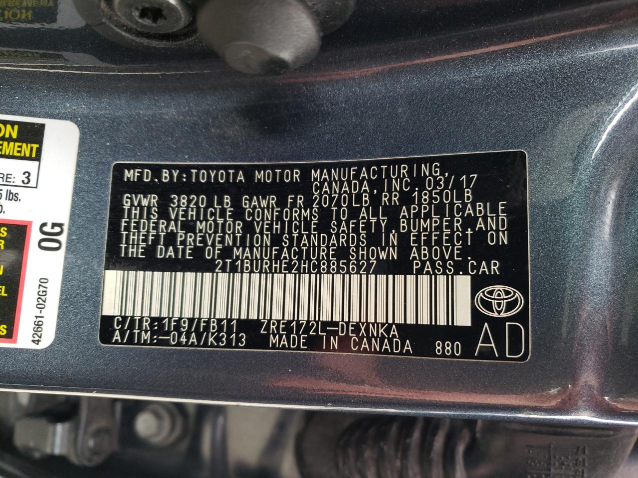Photo 10 from auction – 2017 TOYOTA COROLLA L with VIN 2T1BURHE2HC885627