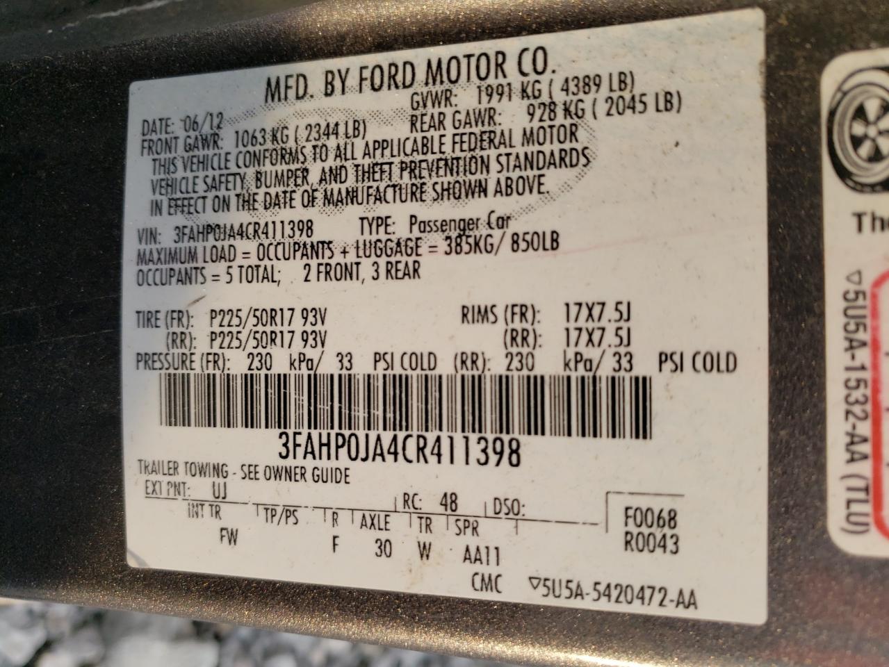 Photo 10 from auction – 2012 FORD FUSION SEL with VIN 3FAHP0JA4CR411398