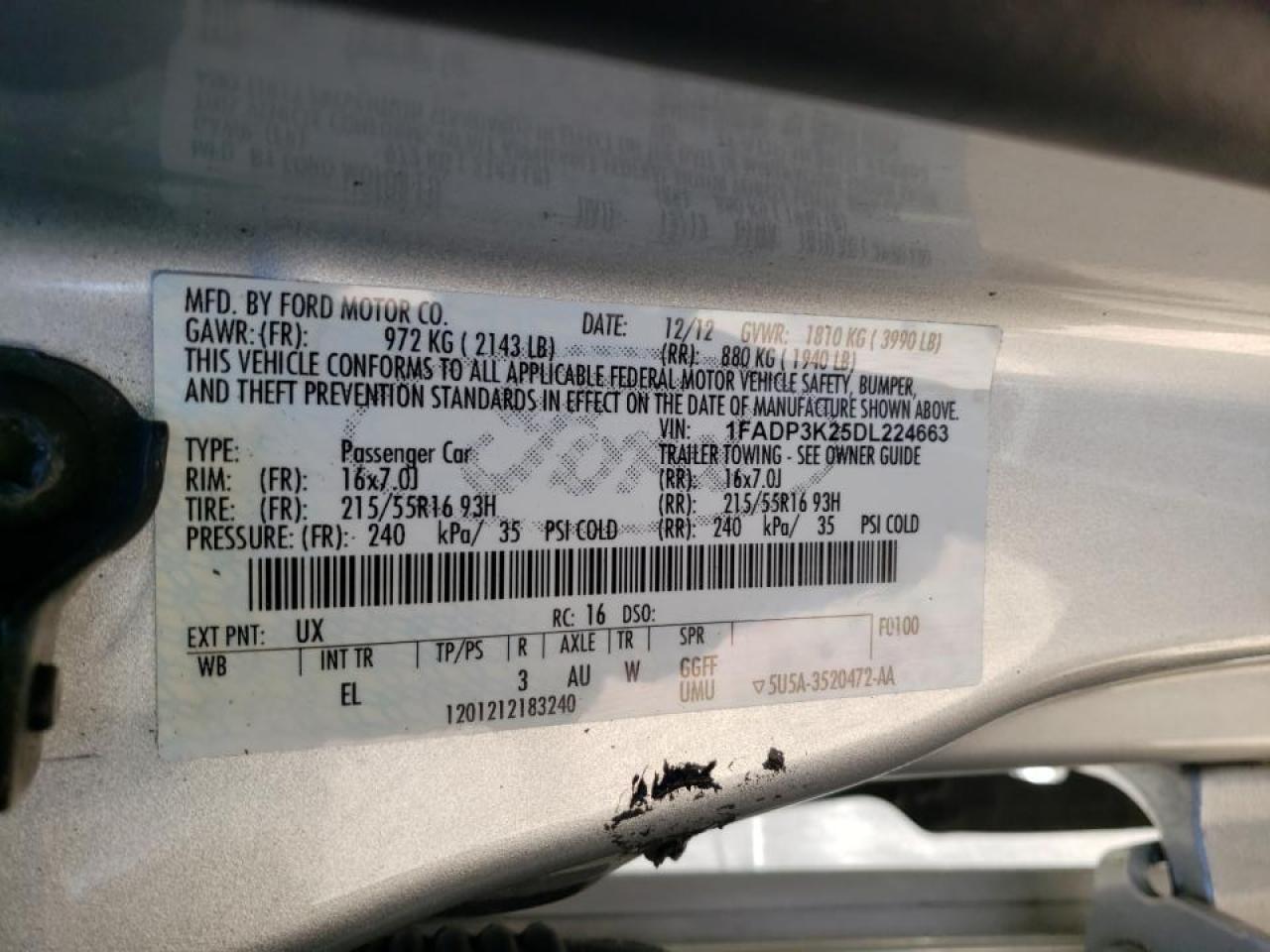 Photo 10 from auction – 2013 FORD FOCUS SE with VIN 1FADP3K25DL224663