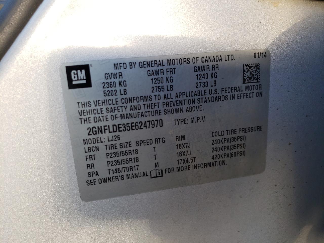 Фото 10 с аукциона – 2014 CHEVROLET EQUINOX LT с VIN 2GNFLDE35E6247970