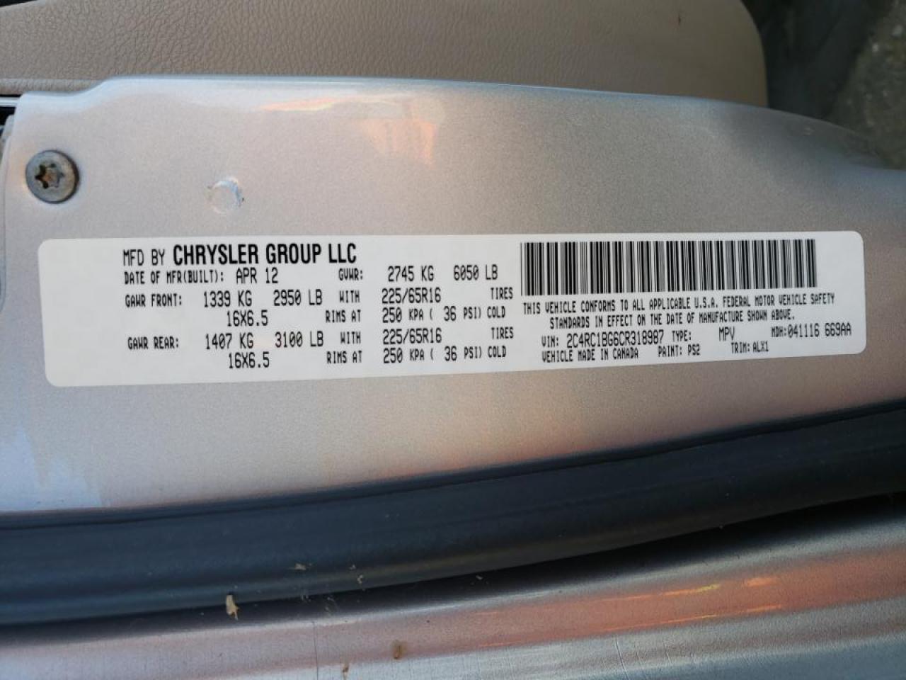 Photo 10 from auction – 2012 CHRYSLER TOWN & COU with VIN 2C4RC1BG6CR318987