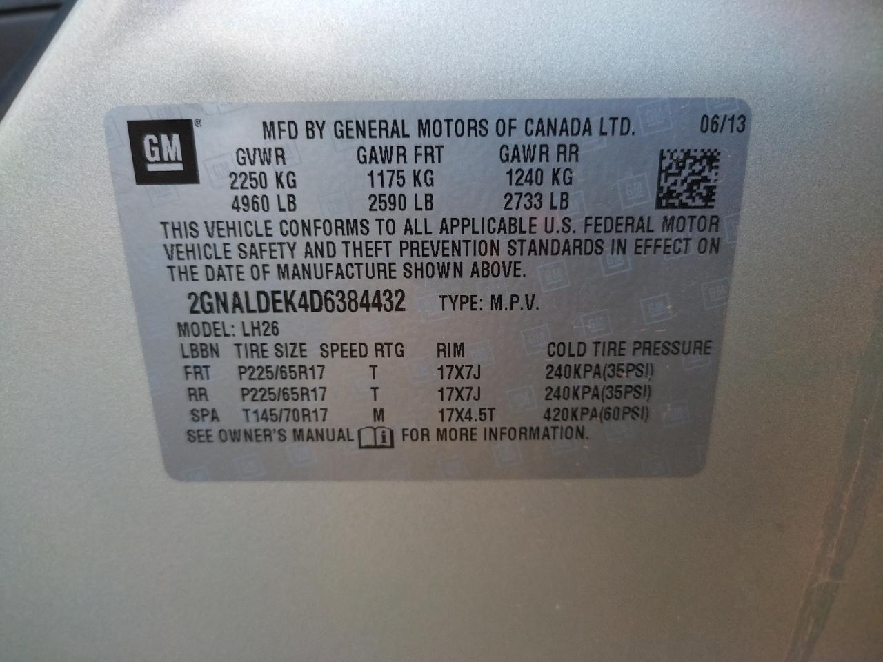 Photo 10 from auction – 2013 CHEVROLET EQUINOX LT with VIN 2GNALDEK4D6384432