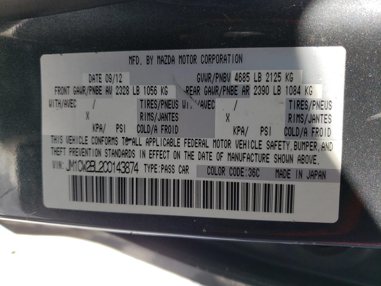 Photo 10 from auction – 2012 MAZDA 5 with VIN JM1CW2BL2C0143874
