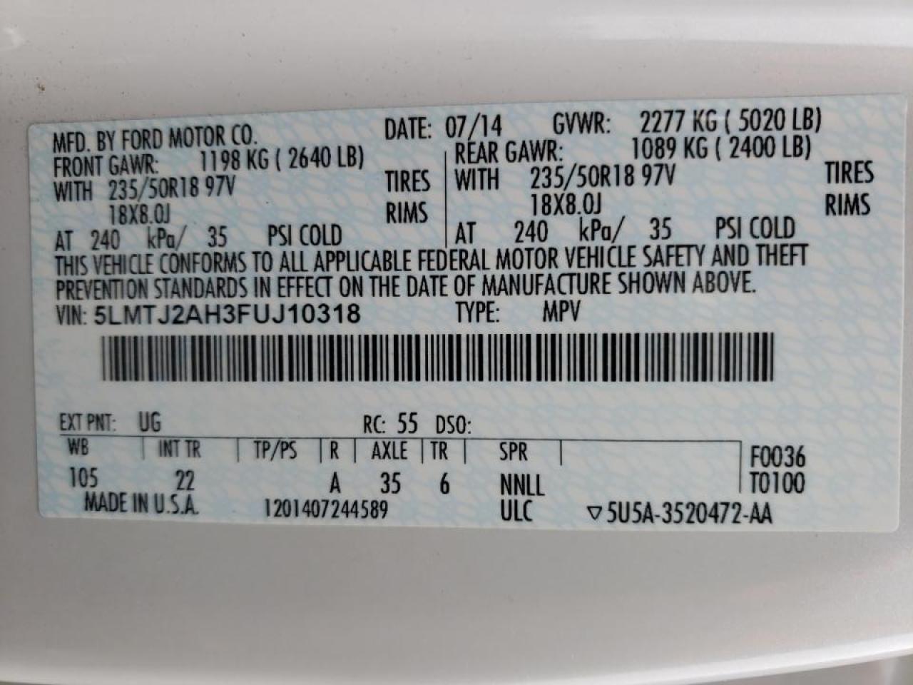 Photo 10 from auction – 2015 LINCOLN MKC with VIN 5LMTJ2AH3FUJ10318