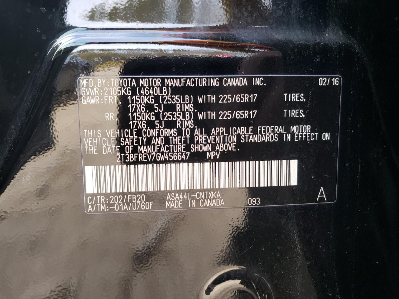 Photo 10 from auction – 2016 TOYOTA RAV4 LE with VIN 2T3BFREV7GW456647