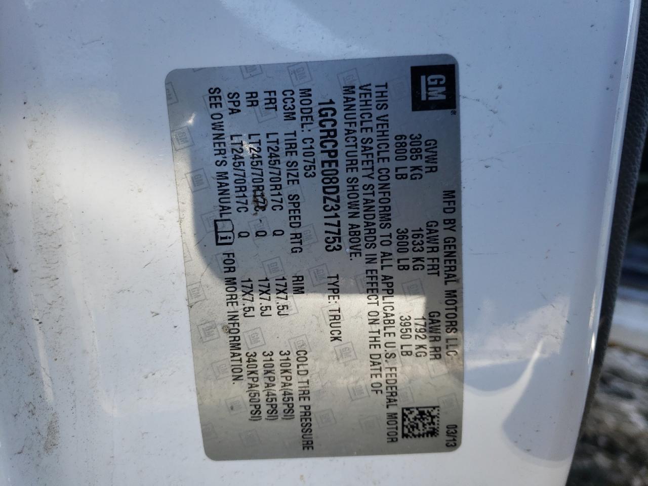 Photo 10 from auction – 2013 CHEVROLET SILVERADO with VIN 1GCRCPE08DZ317753