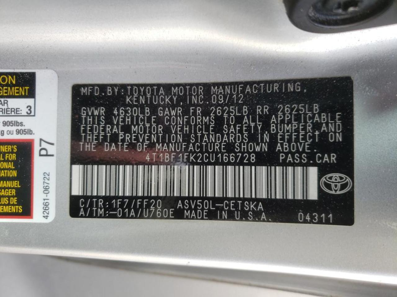 Photo 10 from auction – 2012 TOYOTA CAMRY 4D 2 with VIN 4T1BF1FK2CU166728