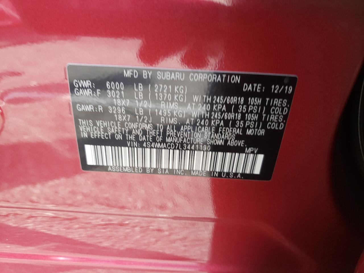 Photo 10 from auction – 2020 SUBARU ASCENT PRE with VIN 4S4WMACD7L3441190